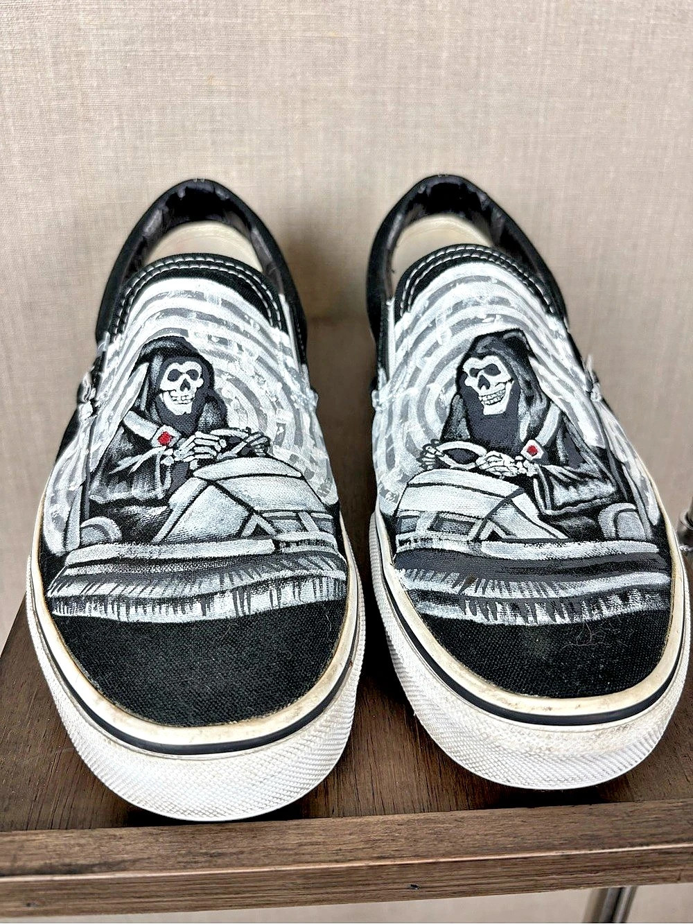 Vans Men’s 9.5 Custom Hand-Painted Grim Reaper Slip-On Shoes One-of-a-Kind Art